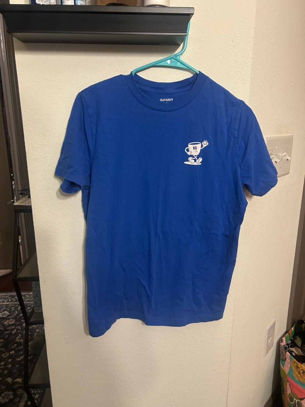 Old Navy Blue Tee with White Cartoon Cup Graphic